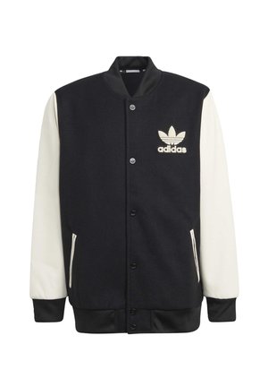 Veste varsity Adidas noire et blanche avec boutons pression, col côtelé, poignets et logo sur la poitrine gauche.