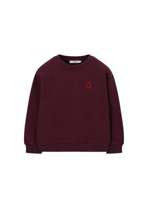 Bordeauxrode sweatshirt met lange mouwen en een ronde hals, met geribde manchetten en zoom, met een klein rood smiley-symbool op de linkerborst.