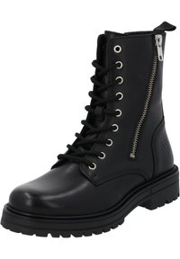 Svart läderkampsko med snörning framtill, sidodragkedja, rund tå, kraftig sula och logotypdetalj på utsidan.