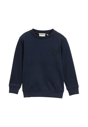 Laiva sininen collegepaita, jossa on pyöreä kaula-aukko, pitkät hihat, ribatut hihansuut ja helma, etuosassa teksturoitu neliön muotoinen logo. 