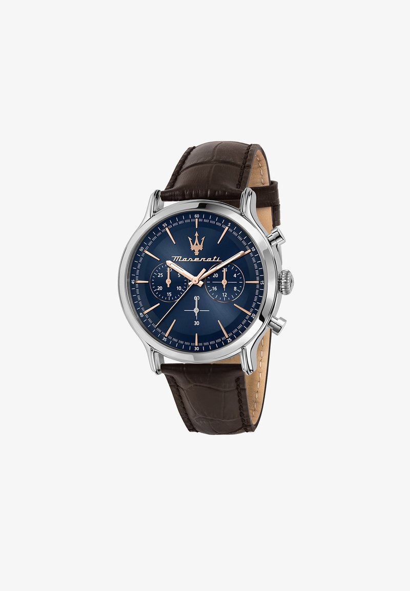 Kronograf klocka med ett hölje i silverfärgad rostfritt stål, midnattsblå urtavla, rosegulddetaljer och brun läderrem med krokodilmönster.