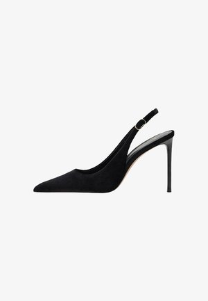 Black suede slingback high-heeled shoe with pointed toe, thin heel, and adjustable strap featuring a gold-tone accent.