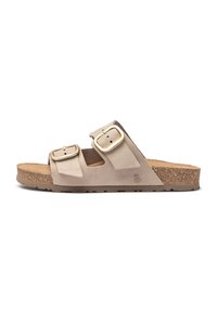 Beige suede sandals with two adjustable straps, featuring gold buckles. Cork midsole and textured outsole for grip.