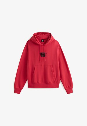 Rode hoodie van zachte stof met een groot zwart "VANS" logo op de borst, een voorzak en een capuchon met trekkoordverstelling.