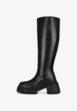 Black leather knee-high boots with a chunky sole, featuring a subtle embossed logo and a smooth, glossy finish. Thick heel with ridged details.