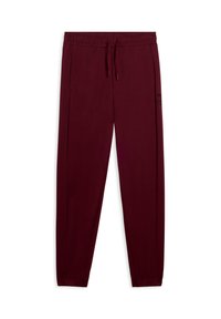 Pantaloni felpati bordeaux realizzati in tessuto morbido, con vita elasticizzata e cordino, e tasche laterali per comodità.