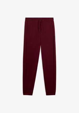 Pantalones de chándal burdeos confeccionados en un tejido suave, con una cintura elástica con cordón y bolsillos laterales para mayor comodidad.