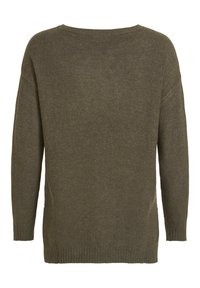Pull tricoté vert olive à manches longues, avec poignets, ourlet et encolure ronde côtelés, vu de dos.