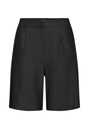 Čierne šortky s vysokým pásom, viazané na opasok a s prednými záhybmi, vyrobené z textúrovaného materiálu, dĺžka po kolená.