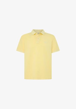 Geel poloshirt van katoen met een klassieke kraag, korte mouwen en een klein logo op de borst. Zachte textuur en eenvoudig ontwerp.