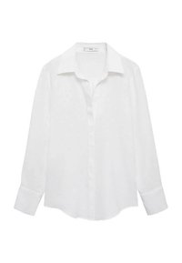 Chemise blanche à manches longues, boutonnée, avec col et larges poignets, présentée sur un fond blanc.