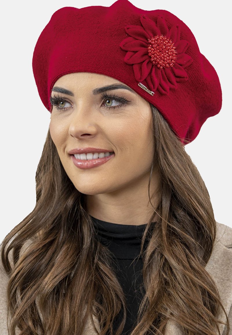 Bonnet Femme Fleuri Ajustable – Rouge Et Noir, Fleurs Tricotées – Taille Unique