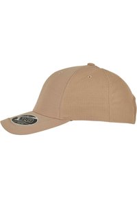 Khaki baseball cap with a curved peak, made from lightweight fabric. Features six-panel design and adjustable strap at the back.