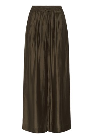 Bruine satijnen wijde broek met elastische tailleband en trekkoordsluiting, met een gladde en glanzende textuur.