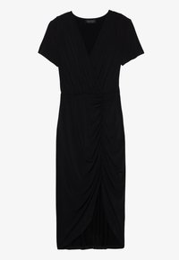 Schwarzes Kleid mit kurzen Ärmeln, V-Ausschnitt und gerafftem Detail an der Taille. Hergestellt aus glattem Stoff mit fließender Silhouette.