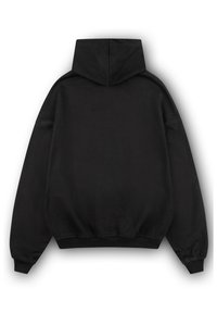 Sweat à capuche noir avec manches longues, poignets et taille côtelés, montré de dos sur un fond blanc.