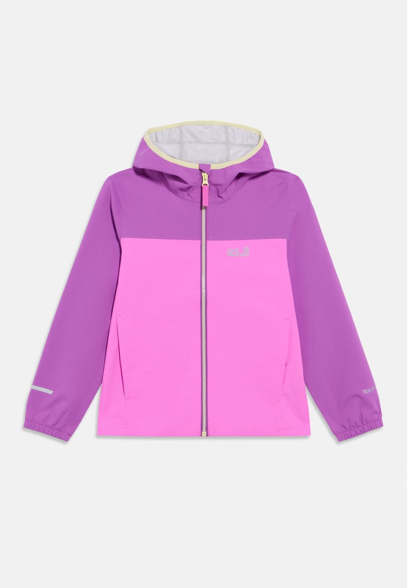 Μπουφάν με κουκούλα σε μωβ και ροζ χρώμα, με φερμουάρ μπροστά, ελαστικές μανσέτες και πλαϊνές τσέπες. Εσωτερική επένδυση σε κίτρινο χρώμα και ανακλαστικές λεπτομέρειες στα μανίκια.