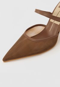 Chaussure brune en maille à bout pointu avec un panneau transparent et une fine sangle. Présente une finition lisse et mate, ainsi qu'une semelle beige.