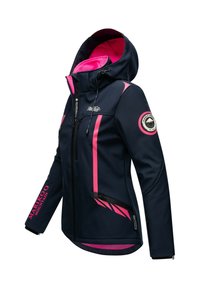 Navy blue softshell jacket with pink accents, hood, front and side zip pockets, and "Marikoo Mountain" branding on sleeve and chest.
