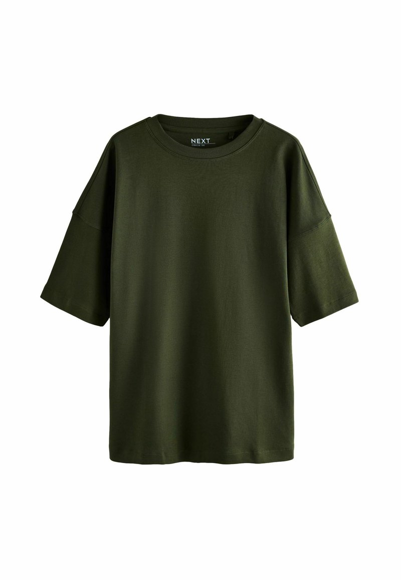 Olijfgroene T-shirt met korte mouwen, gemaakt van zachte stof. Kenmerkt zich door een relaxte pasvorm en een ronde hals. Merkenlogo zichtbaar aan de binnenkant van de hals.