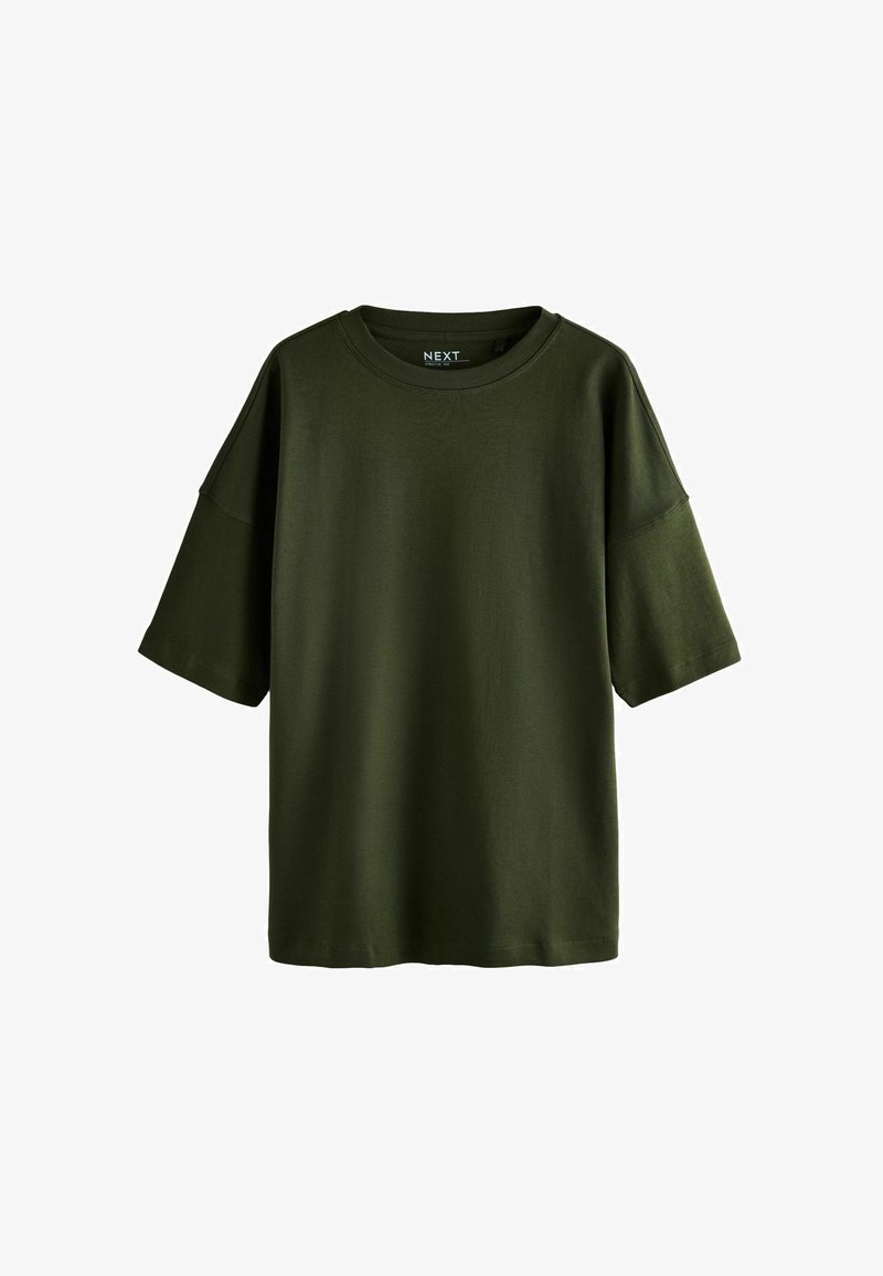 Olijfgroene T-shirt met korte mouwen, gemaakt van zachte stof. Kenmerkt zich door een relaxte pasvorm en een ronde hals. Merkenlogo zichtbaar aan de binnenkant van de hals.