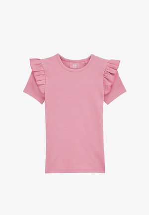 Rožinės spalvos megztas marškinėlis su trumpomis rankovėmis, pečiuose dekoruotas raukinių detalėmis ir apvalia iškirpte. Lygios tekstūros, laisvo stiliaus.