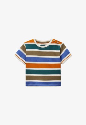 T-shirt à manches courtes pour garçon avec des rayures horizontales orange, bleu, vert, marron et blanc, comportant deux boutons en bois à l'épaule.
