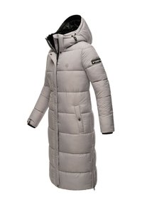 Light gray long puffer coat with a hood, vertical quilted design, two side pockets, and a black inner lining with cuffs featuring accent colors.