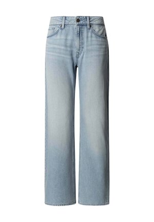Jean bleu clair taille haute, coupe droite, avec bouton et fermeture éclair devant, design cinq poches sur fond blanc.