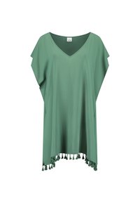 Top verde leggero con scollo a V e maniche corte. Presenta decorazioni a frange lungo l'orlo. Tessuto morbido e silhouette rilassata.