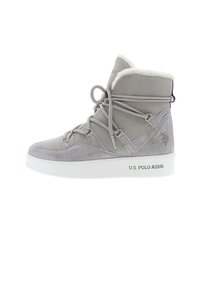 Gray suede mid-top sneaker with white faux fur collar, lace-up design, and rubber sole featuring U.S. Polo Assn. logo.