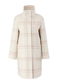 Cappotto a quadri beige con collo alto, realizzato in morbida miscela di lana. Presenta due tasche laterali e una vestibilità comoda, con un taglio di lunghezza media.