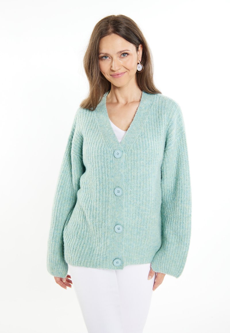 Cardigan de culoare albastru deschis, cu un model cu nervuri, cu decolteu în V și cinci nasturi mari. Are mâneci lungi și o croială lejeră, fiind fabricat dintr-un material moale și texturat.
