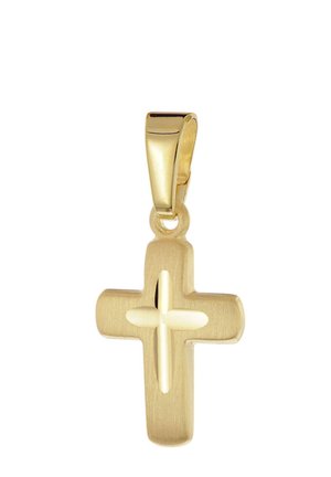 Gold cross pendant with a small polished cross detail in the center, attached to a smooth gold bail for a necklace.