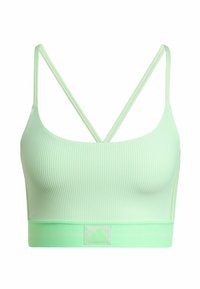 Mintgroene geribbelde sportbeha met een brede band, voorzien van kruislingse banden aan de achterkant en een subtiele logodetail aan de voorkant.