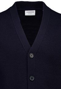 Dark navy ribbed knit cardigan with V-neck and two black buttons, labeled "Lindbergh Relaxed Fit" inside collar.