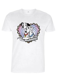 Hvid bomulds-t-shirt med et grafisk motiv af to dalmatinere omgivet af en farverig hjerteform med dekorative elementer og et banner.