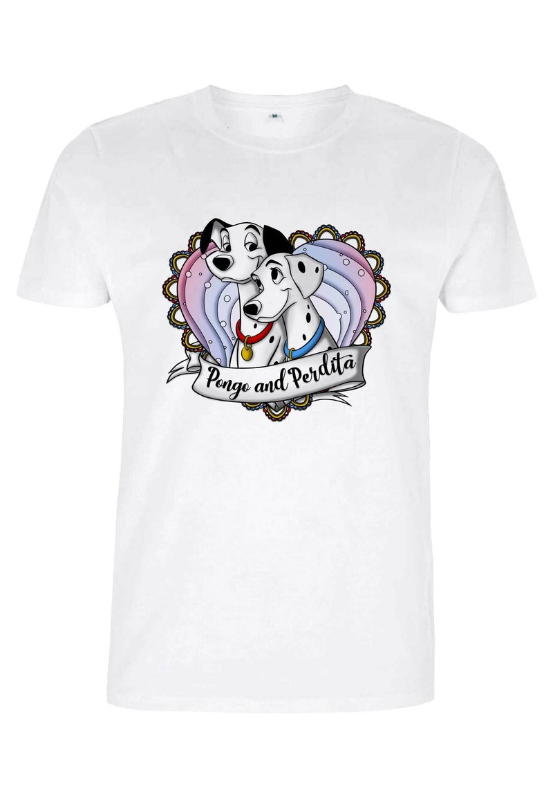 Hvid bomulds-t-shirt med et grafisk motiv af to dalmatinere omgivet af en farverig hjerteform med dekorative elementer og et banner.