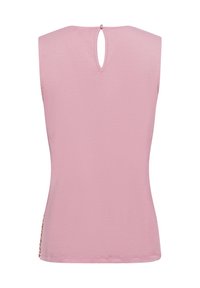 Ärmelloses pinkes Top mit einem Schlüssellochverschluss auf der Rückseite. Glattes Material, taillierte Passform und dekorative Blumenakzente an der Seite.