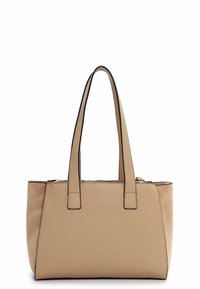 Beige leren handtas met dubbele handvatten, een gestructureerd lichaam, contrasterende zwarte stiksels en een ritssluiting aan de bovenkant.