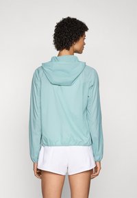 Veste à capuche bleu clair avec des poignets et un ourlet élastiques, fabriquée dans un matériau léger et lisse. Présente une coupe décontractée, avec un design minimaliste.