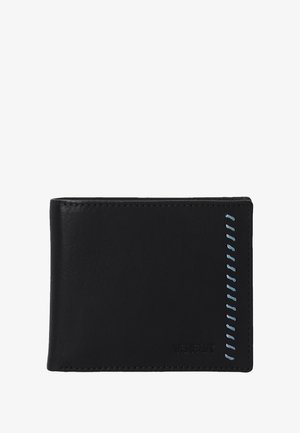 Zwarte leren portemonnee met blauwe stikseldetail. Heeft een gladde textuur, slank rechthoekig formaat en geperst merklogo aan de voorkant.