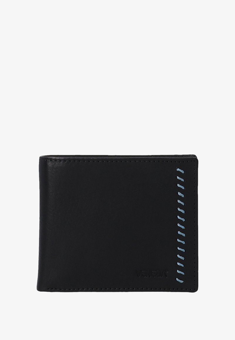 Zwarte leren portemonnee met blauwe stikseldetail. Heeft een gladde textuur, slank rechthoekig formaat en geperst merklogo aan de voorkant.