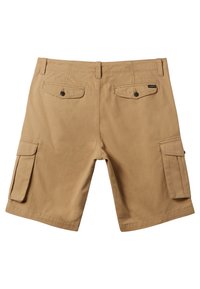 Khaki cargo šortky s dvěma bočními kapsami a dvěma zadními kapsami na knoflíky. Vyrobené z měkké tkaniny, s rovný střih a prošitým pasem.