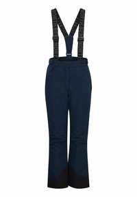 Navy waterproof ski pants with adjustable black suspenders, two side pockets, and black accent at the bottom of the legs.