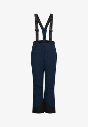 Navy waterdichte skibroek met verstelbare zwarte bretels, twee zijzakken en zwarte accenten aan de onderkant van de benen.