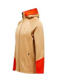 Giacca beige con cappuccio arancione e accenti sulle maniche. Presenta una chiusura frontale con cerniera, una texture morbida e un logo discreto sulla spalla.