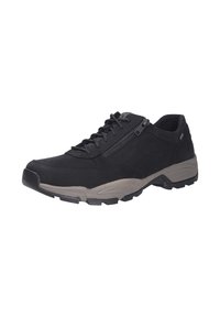 Scarpe da trekking nere in suede con suola in gomma grigia. Presentano lacci e una cerniera laterale per una facile calzata. Superficie testurizzata e design resistente.