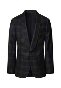 Blazer a quadri verde scuro e blu navy con linee rosse, colletto a scialle, bottone singolo e tasche frontali, esposto su sfondo bianco.