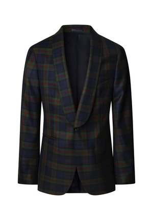 Donkergroene en marineblauwe geruite blazer met rode lijnen, sjaalkraag, enkele knop en voorzakken, gepresenteerd op een witte achtergrond.